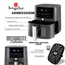 BerlingerHaus Airfryer XL Mat Antraciet - med Kiggevindue - 5 Liter - 1400W