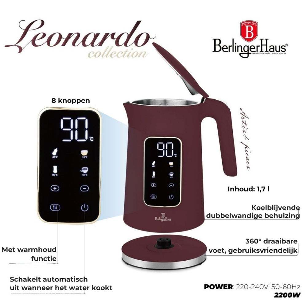 BerlingerHaus Vandkoger Digital Mat Bordeaux - Temperaturindstilling - 1.7 Liter - 2200W
