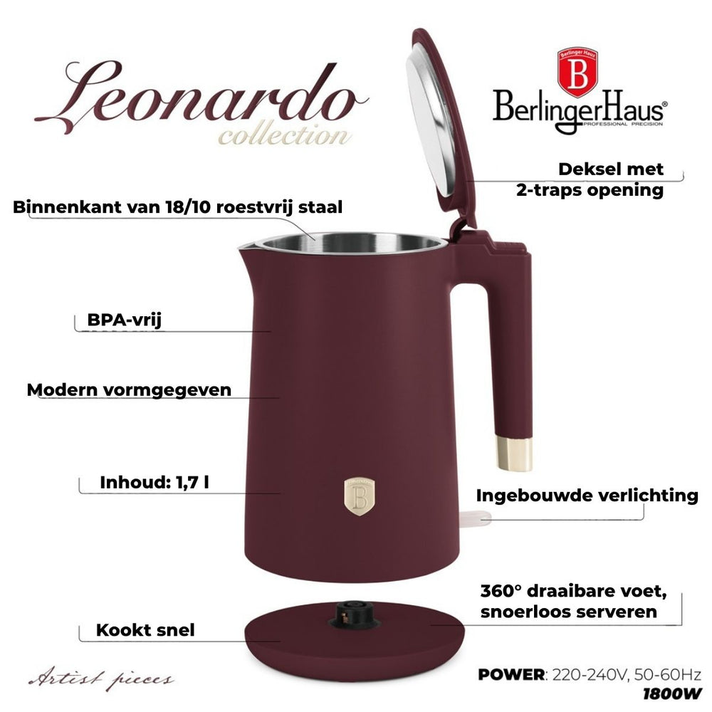 BerlingerHaus Vandkoger Dobbeltvægget Mat Bordeaux - 1,7 Liter - 1800W