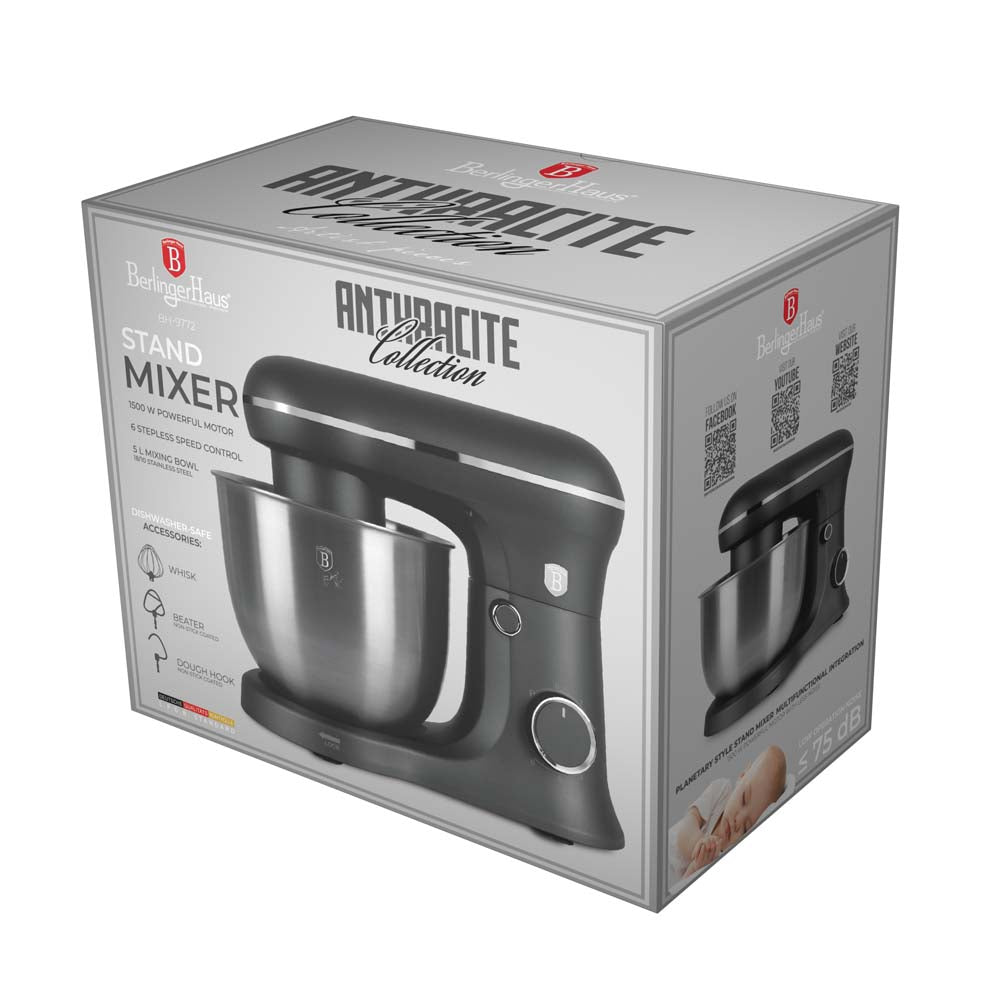 BerlingerHaus Køkkenmaskine Mat Antracit - RVS Skål 5 Liter - 1500W
