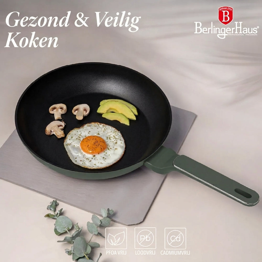 BerlingerHaus Pannenset Mat Groen 11-Delig - Kookpan ø 20, 24, 28 cm, Koekenpan ø 24, 28 cm & Steelpan ø 16 cm - Geschikt voor alle warmtebronnen