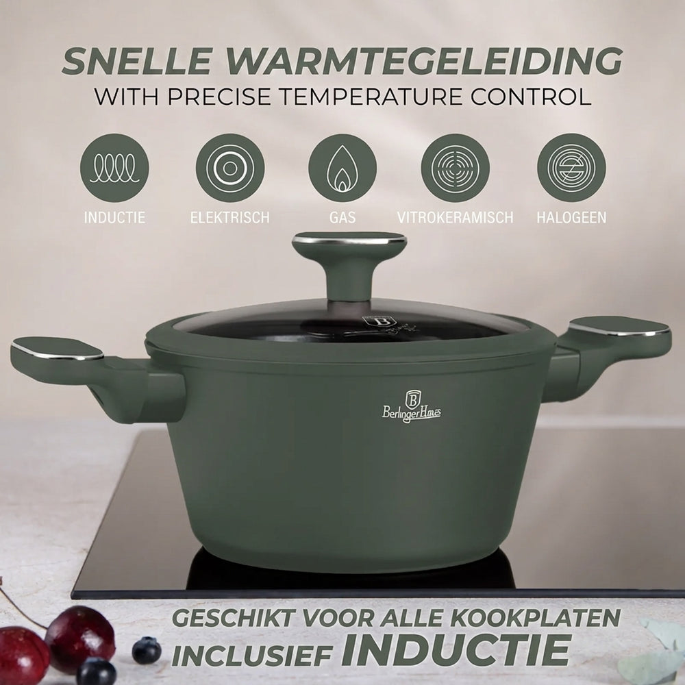 BerlingerHaus Pannenset Mat Groen 11-Delig - Kookpan ø 20, 24, 28 cm, Koekenpan ø 24, 28 cm & Steelpan ø 16 cm - Geschikt voor alle warmtebronnen