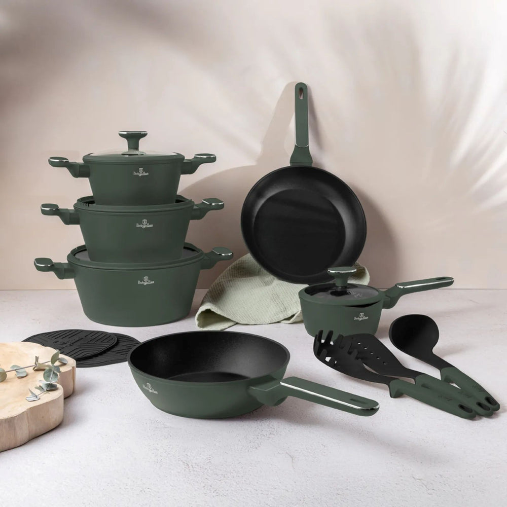 BerlingerHaus Pannenset Mat Groen 11-Delig - Kookpan ø 20, 24, 28 cm, Koekenpan ø 24, 28 cm & Steelpan ø 16 cm - Geschikt voor alle warmtebronnen