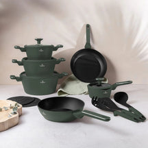 BerlingerHaus Pannenset Mat Groen 11-Delig - Kookpan ø 20, 24, 28 cm, Koekenpan ø 24, 28 cm & Steelpan ø 16 cm - Geschikt voor alle warmtebronnen