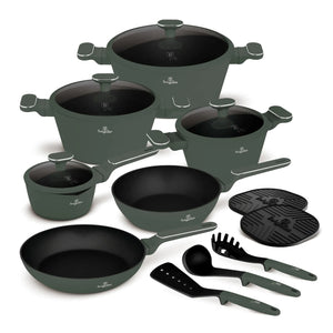 BerlingerHaus Pannenset Mat Groen 11-Delig - Kookpan ø 20, 24, 28 cm, Koekenpan ø 24, 28 cm & Steelpan ø 16 cm - Geschikt voor alle warmtebronnen