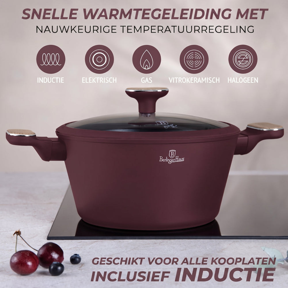 BerlingerHaus Pannenset Nordic Mat Bordeaux 11-Delig - Kookpan ø 20, 24, 28 cm, Koekenpan ø 24, 28 cm & Steelpan ø 16 cm - Geschikt voor alle warmtebronnen
