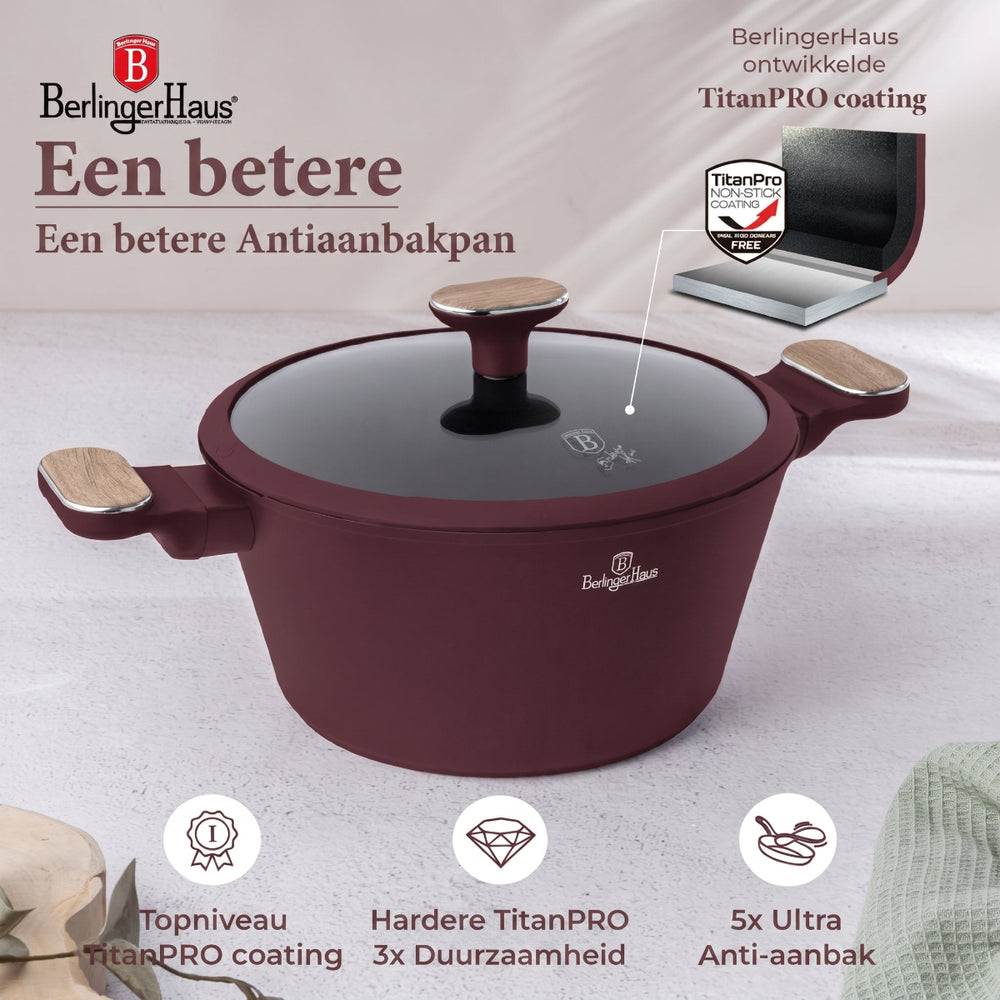 BerlingerHaus Pannenset Nordic Mat Bordeaux 11-Delig - Kookpan ø 20, 24, 28 cm, Koekenpan ø 24, 28 cm & Steelpan ø 16 cm - Geschikt voor alle warmtebronnen