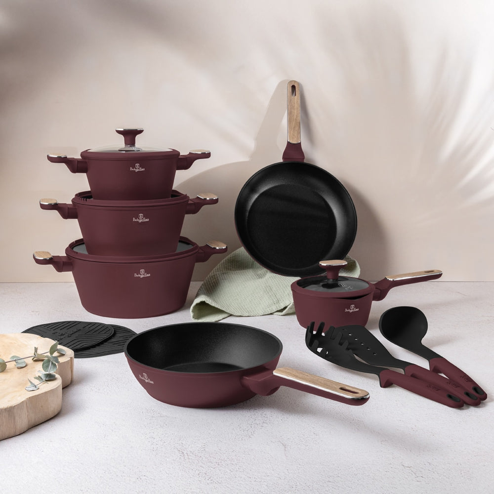 BerlingerHaus Pannenset Nordic Mat Bordeaux 11-Delig - Kookpan ø 20, 24, 28 cm, Koekenpan ø 24, 28 cm & Steelpan ø 16 cm - Geschikt voor alle warmtebronnen