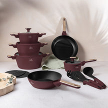 BerlingerHaus Pannenset Nordic Mat Bordeaux 11-Delig - Kookpan ø 20, 24, 28 cm, Koekenpan ø 24, 28 cm & Steelpan ø 16 cm - Geschikt voor alle warmtebronnen