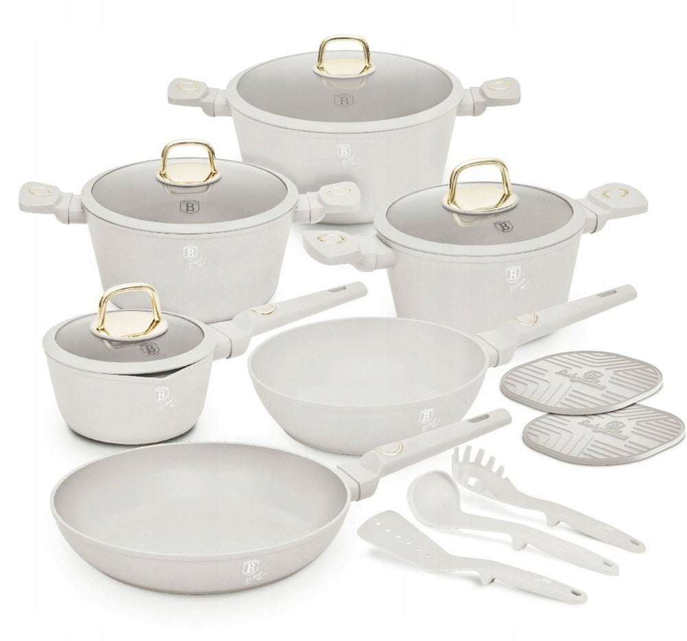 BerlingerHaus Gryde Sæt Mat Crème 11-Delt - Kasserolle ø 20, 24, 28 cm, Stegepande ø 24, 28 cm & Kasserolle ø 16 cm - Egnet til alle varmekilder