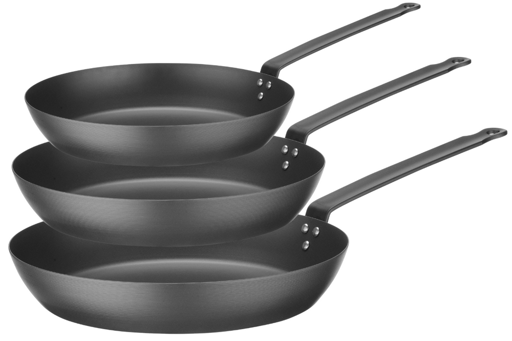 Blackwell Stegepande sæt Carbon Stål 3-delt - ø 20, 24 & 28 cm - egnet til alle varmekilder - uden non-stick belægning