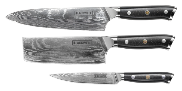 Blackwell Messenset (Koksmes + Groentemes + Officemes) - Japansk stil - 67 lagers damaskstål - VG10 - 3-delt