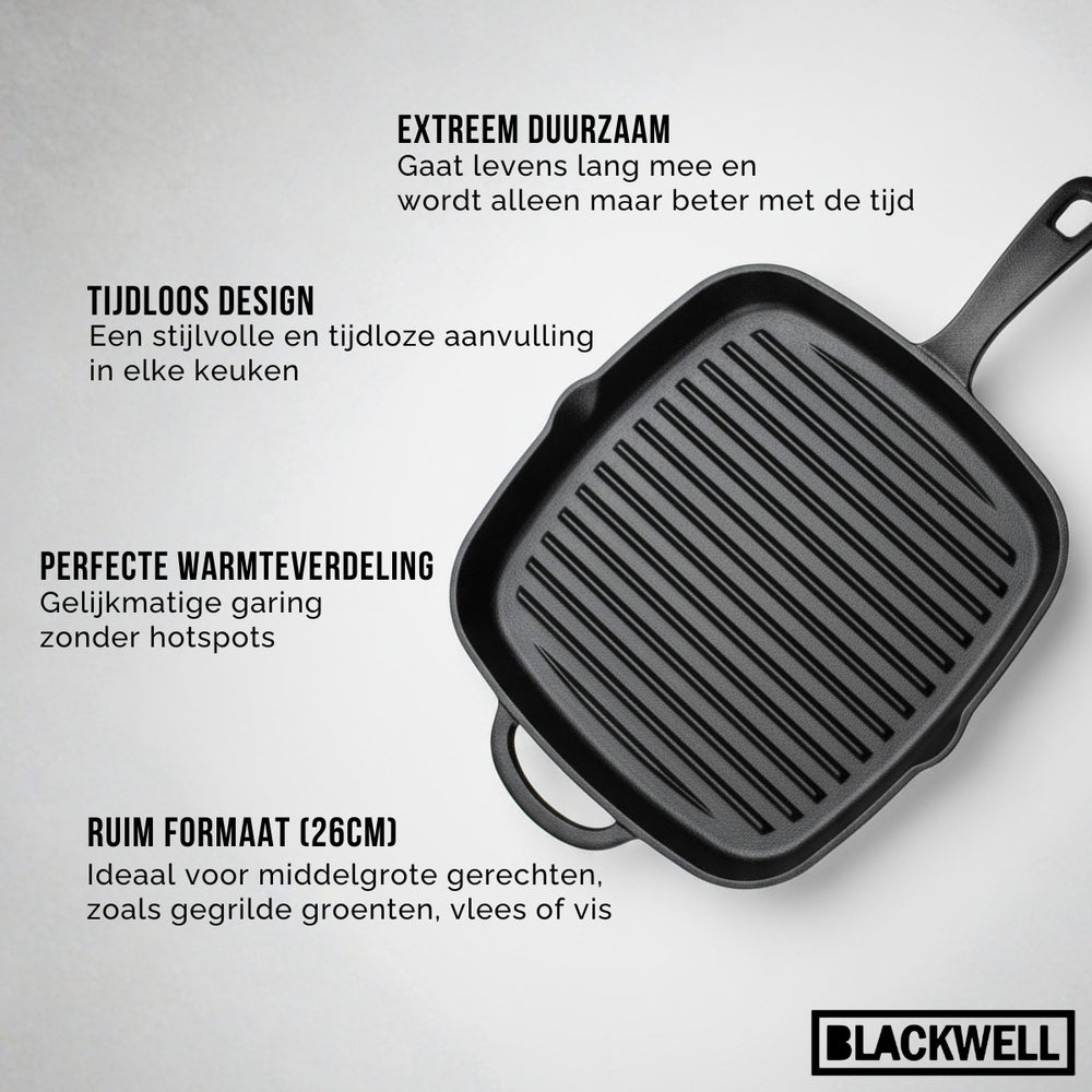 Blackwell Grillpande Gussejern - 26 x 26 cm - egnet til alle varmekilder - uden non-stick belægning