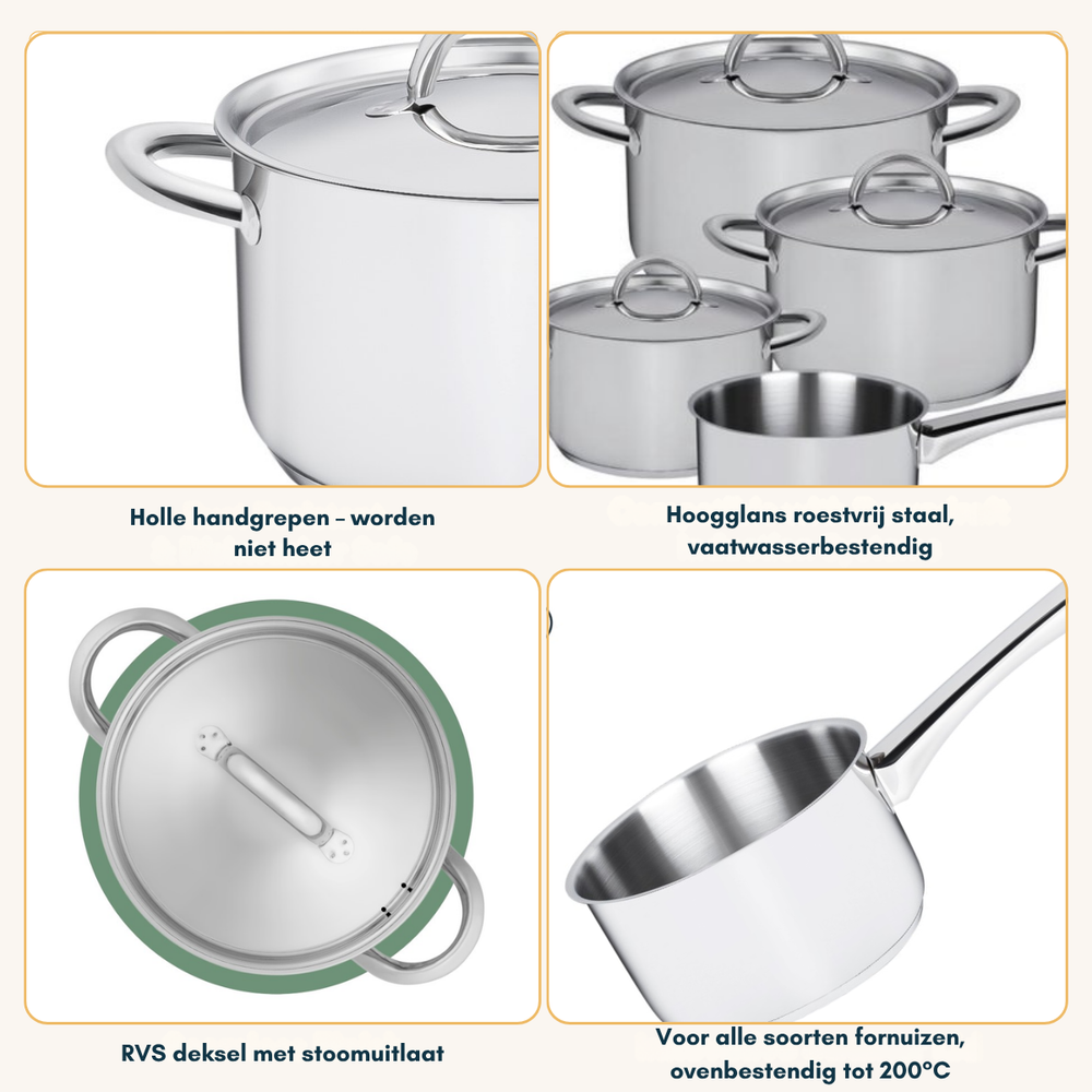 Sola Pannenset Blizz 4-Delig RVS - Kookpan ø 16, 18, 20 cm & Steelpan ø 16 cm - egnet til alle varmekilder