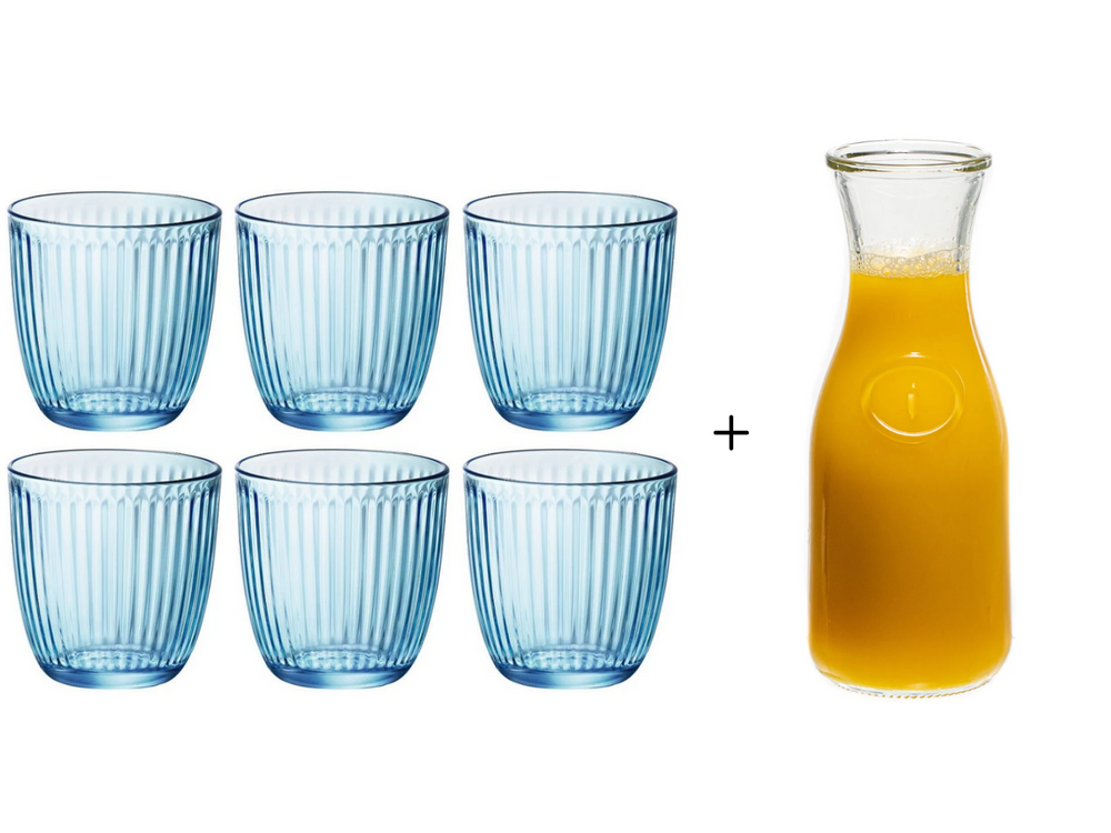 Bormioli Rocco Vandglas Line Blå 290 ml - 6 stk + Cookinglife Karaff 1 Liter