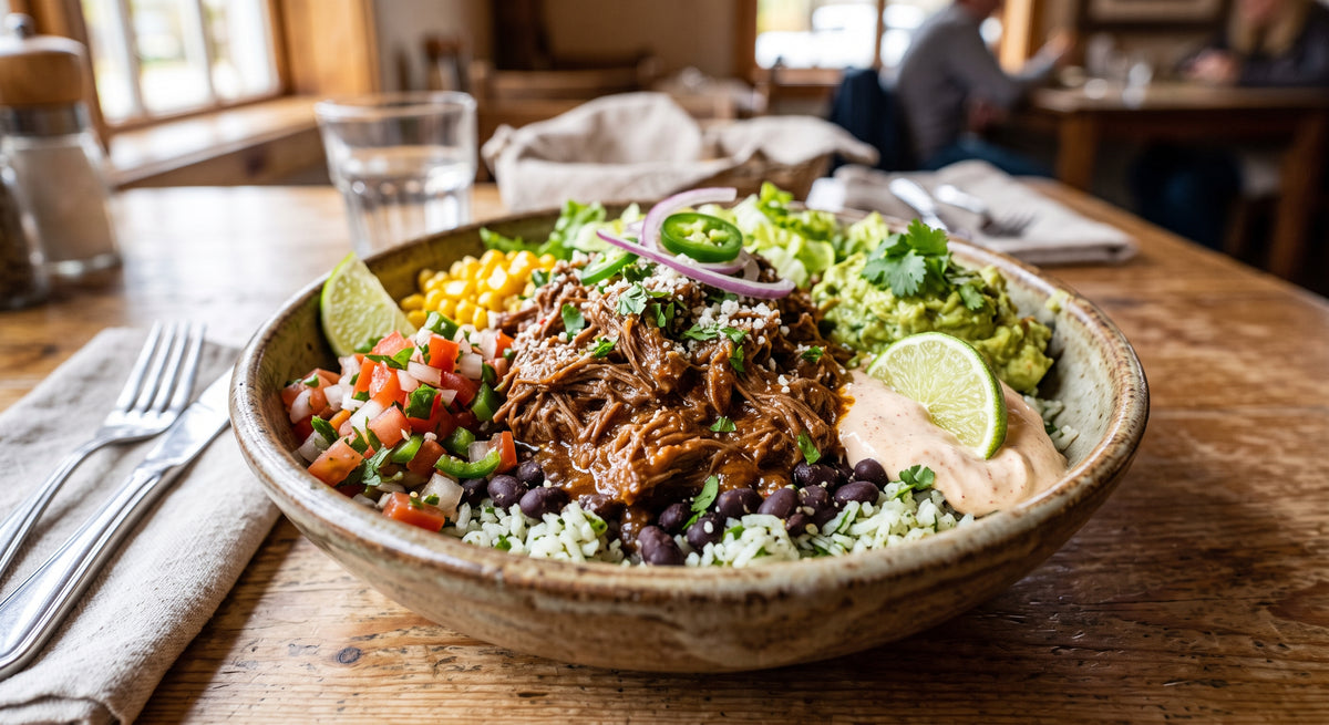 Saftigt pulled beef, perfekt tilberedte ris og friske toppings i én skål