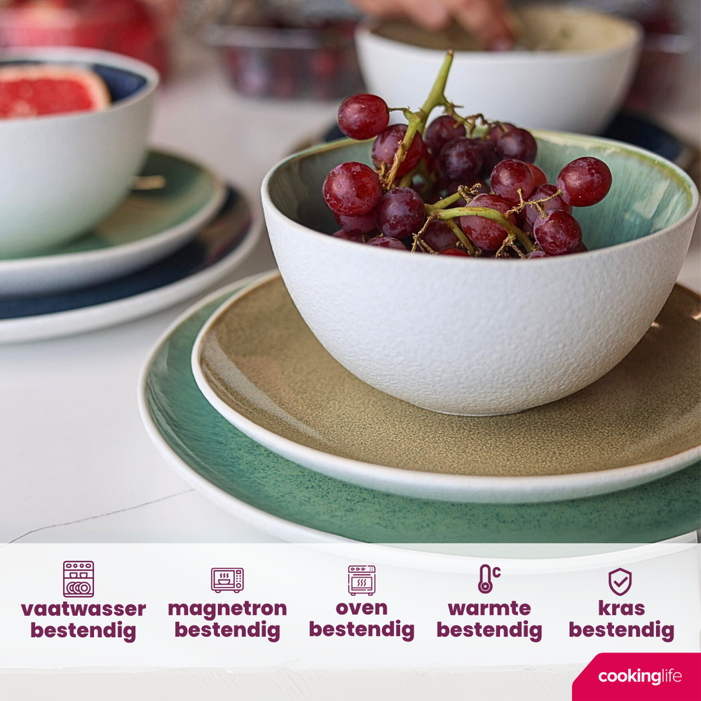 Cookinglife Serviesset Belize 18-delig / 6 personer - 6 middagstallerkener ø 25 cm, 6 morgenmadstallerkener ø 21 cm, 6 suppeskåle ø 15 cm
