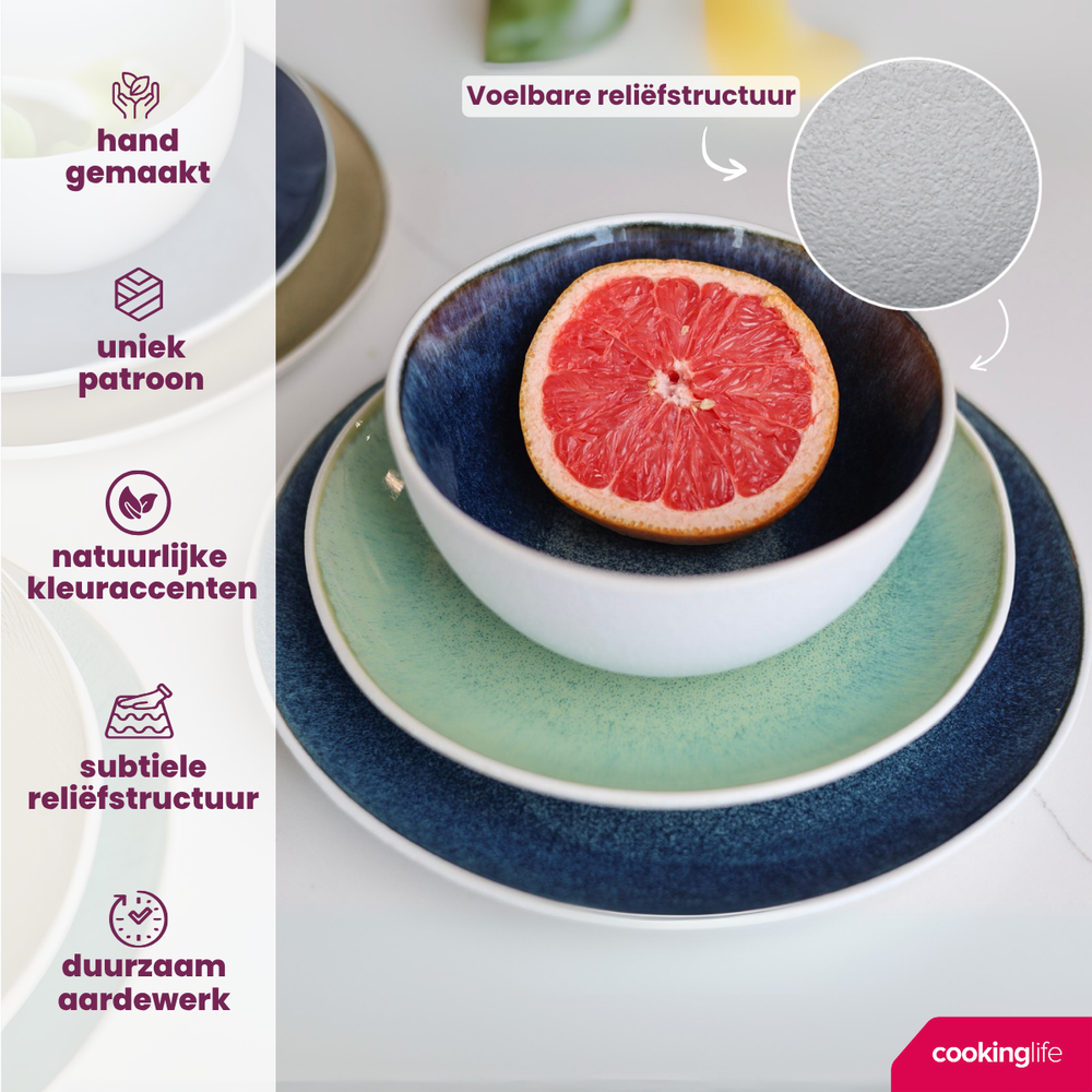 Cookinglife Serviesset Belize 18-delig / 6 personer - 6 middagstallerkener ø 25 cm, 6 morgenmadstallerkener ø 21 cm, 6 suppeskåle ø 15 cm