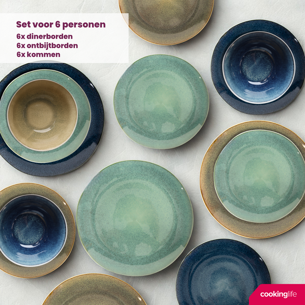 Cookinglife Serviesset Belize 18-delig / 6 personer - 6 middagstallerkener ø 25 cm, 6 morgenmadstallerkener ø 21 cm, 6 suppeskåle ø 15 cm