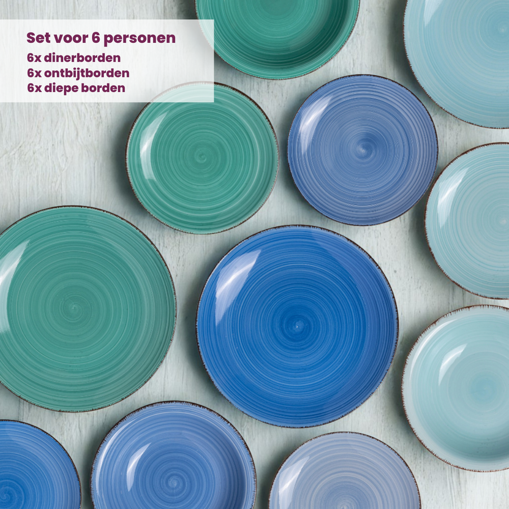 Cookinglife Serviesset Delice Blå 18-delt / 6 personer - 6 middagstallerkener, 6 dybe tallerkener og 6 morgenmadstallerkener