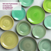 Cookinglife Serviesset Delice Grøn 18-delig / 6 personer - 6 middagstallerkener, 6 dybe tallerkener og 6 morgenmadstallerkener