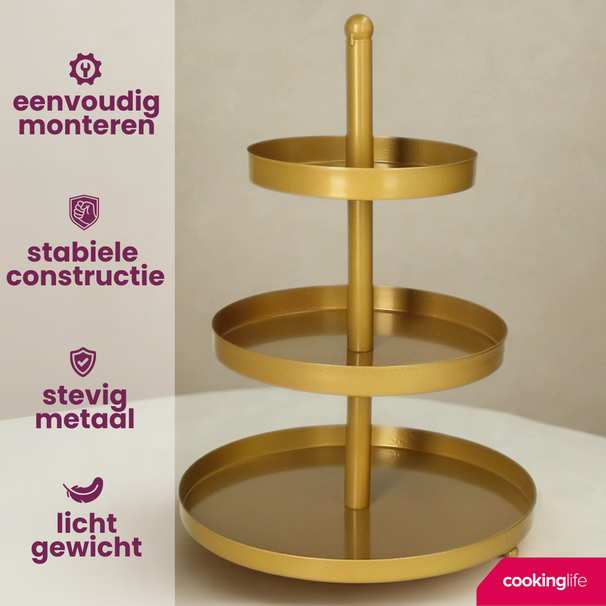 Cookinglife Etagère metal / guld ø 15, 20 & 25 cm - 3-lags - 35 cm høj