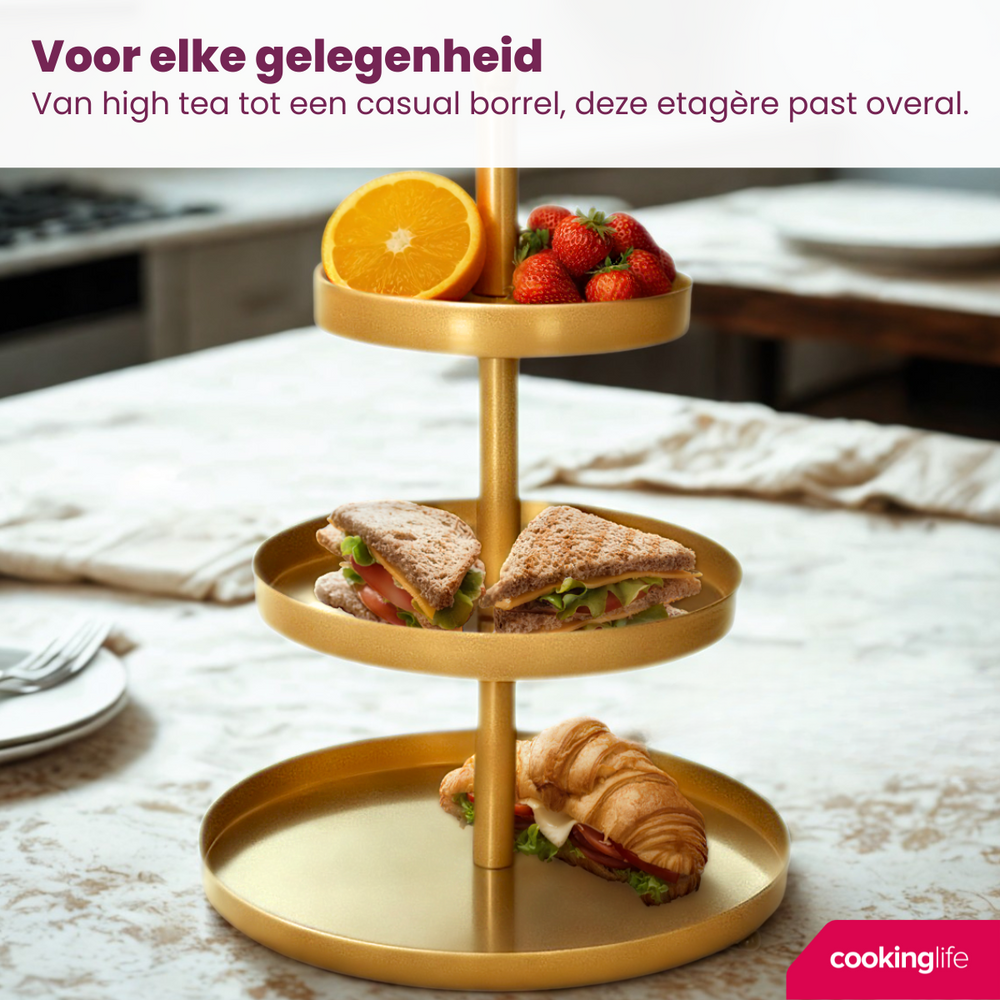Cookinglife Etagère metal / guld ø 15, 20 & 25 cm - 3-lags - 35 cm høj