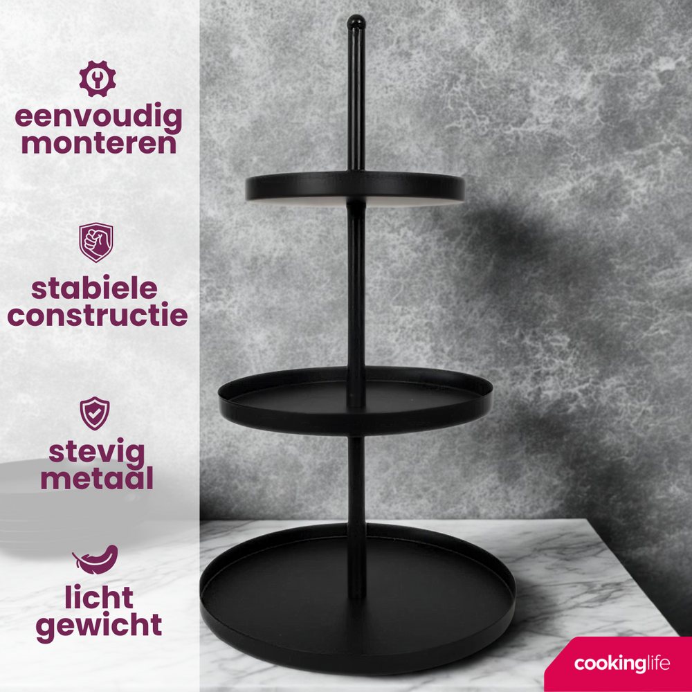 Cookinglife Etagère metal sort ø 20, 25 & 30 cm - 3-lags - 55 cm høj
