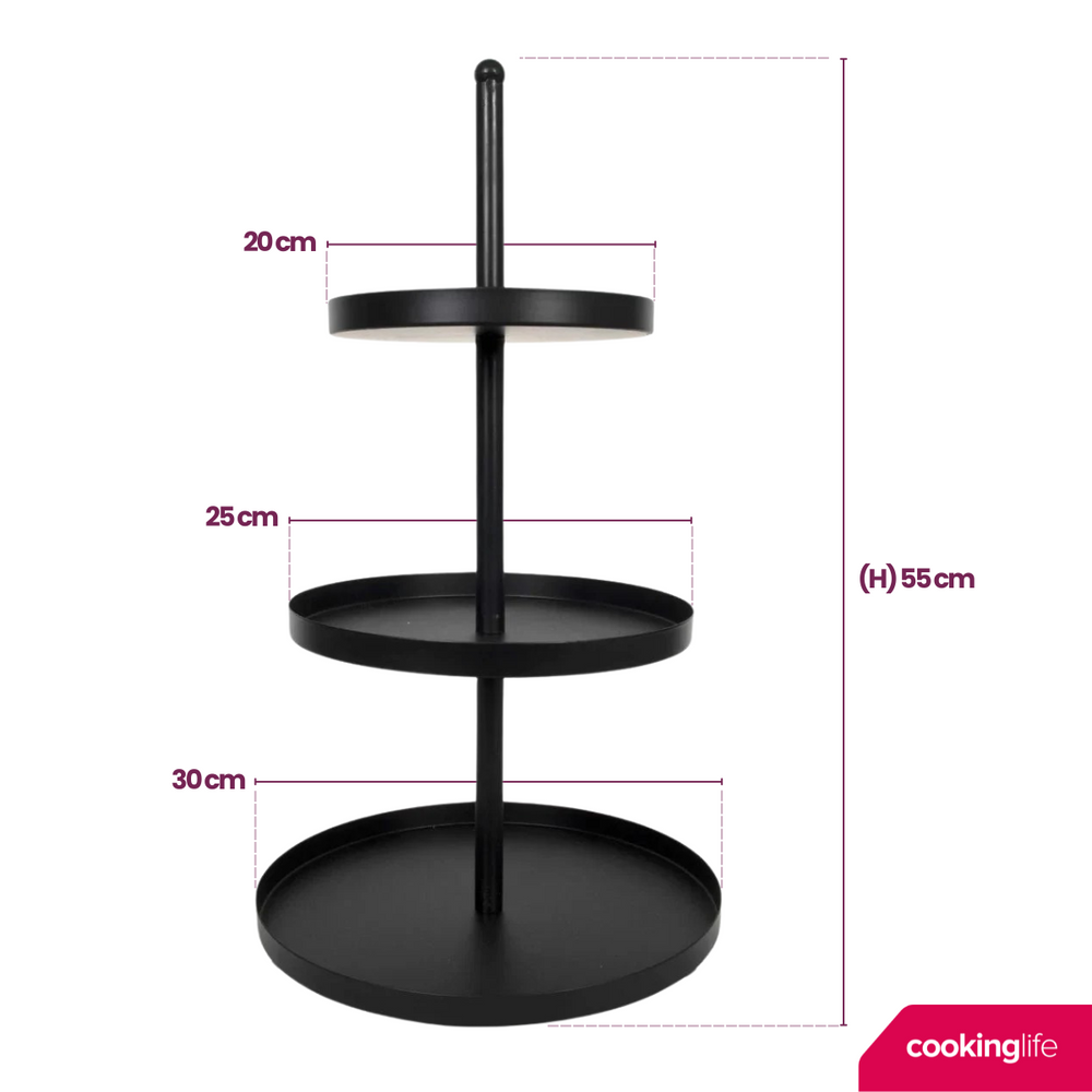 Cookinglife Etagère metal sort ø 20, 25 & 30 cm - 3-lags - 55 cm høj