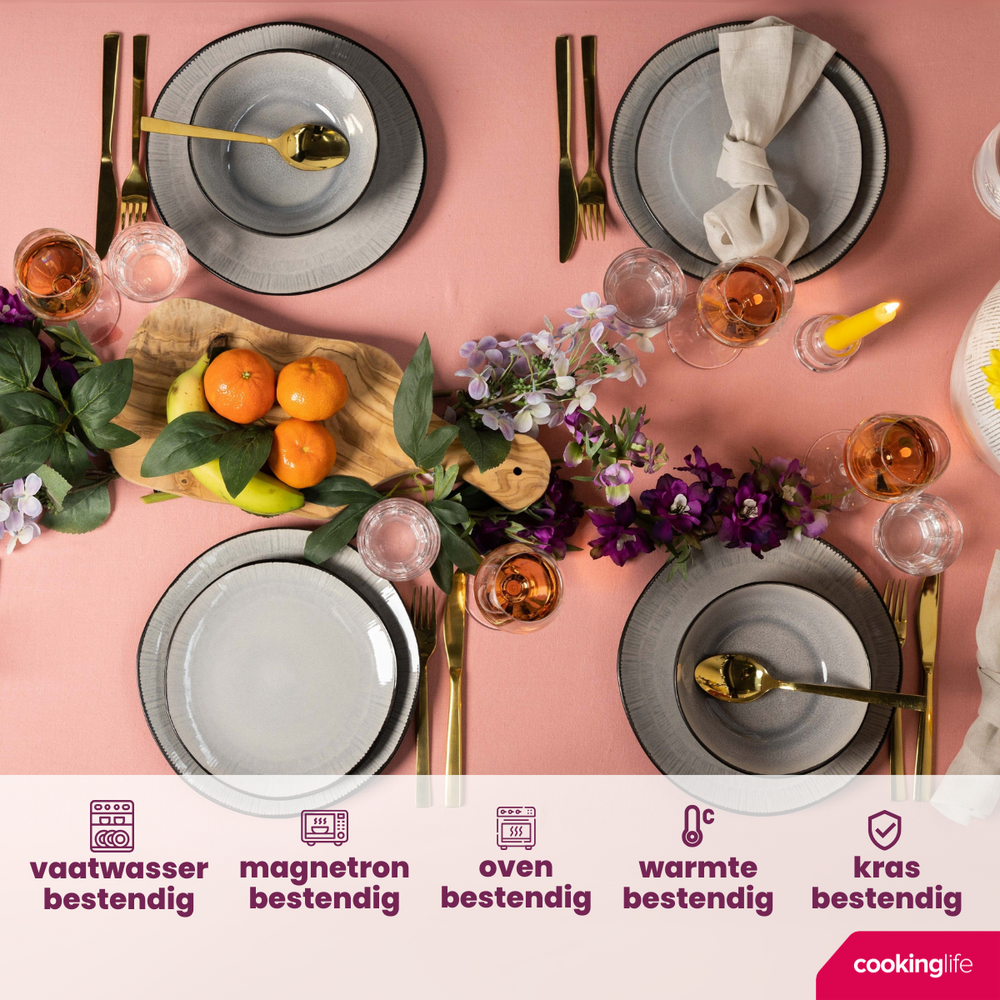 Cookinglife Serviesset Nola Warm Grey 18-delig / 6 personer - 6 dinerborden, 6 ontbijtborden og 6 skåle