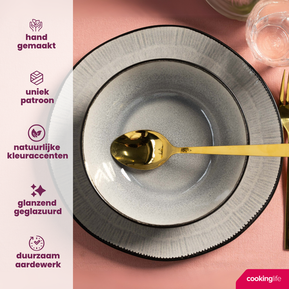 Cookinglife Serviesset Nola Warm Grey 18-delig / 6 personer - 6 dinerborden, 6 ontbijtborden og 6 skåle