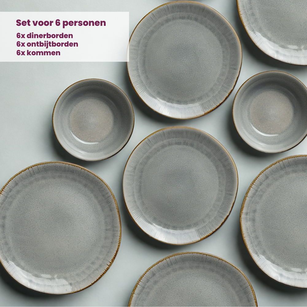 Cookinglife Serviesset Nola Warm Grey 18-delig / 6 personer - 6 dinerborden, 6 ontbijtborden og 6 skåle