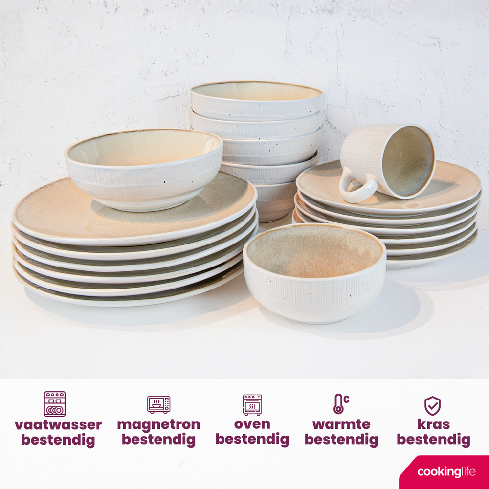 Cookinglife Serviesset Nola Sand reactive glasur 18-delt / 6 personer - 6 middagstallerkener, 6 morgenmadstallerkener og 6 skåle