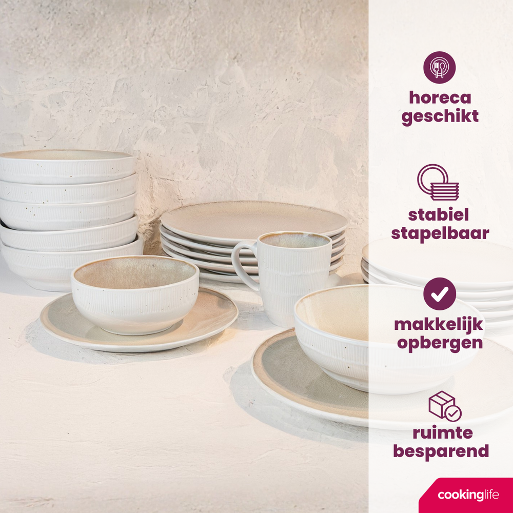 Cookinglife Serviesset Nola Sand reactive glasur 18-delt / 6 personer - 6 middagstallerkener, 6 morgenmadstallerkener og 6 skåle