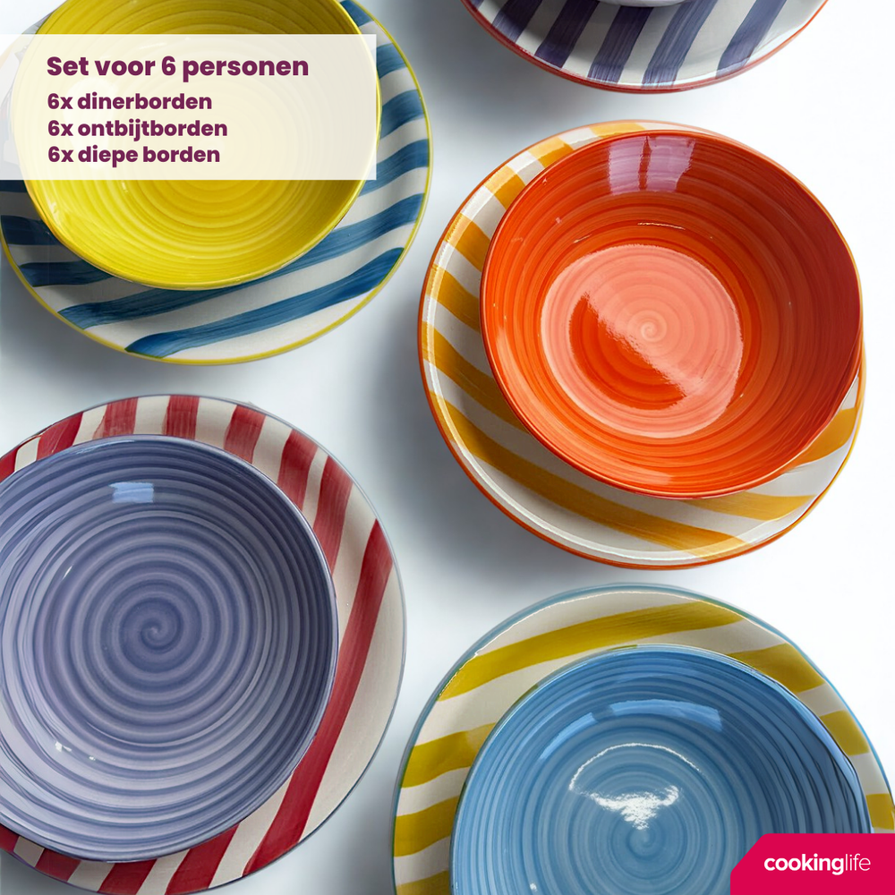 Cookinglife Serviesset Summer Vibes 18-delig / 6 personer - 6 dinerborden, 6 ontbijtborden og 6 dybe boller