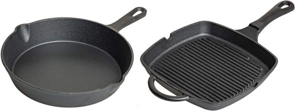 Blackwell Pannenset Gietijzer 2-Delig Koekenpan ø 25 cm & Grillpan 23 x 23 cm - egnet til alle varmekilder - uden non-stick belægning