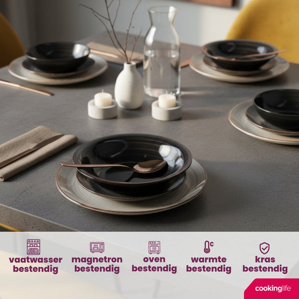 Cookinglife Serviesset Delice Grå 18-delt / 6 personer - 6 middagstallerkener, 6 dybe tallerkener og 6 morgenmadstallerkener