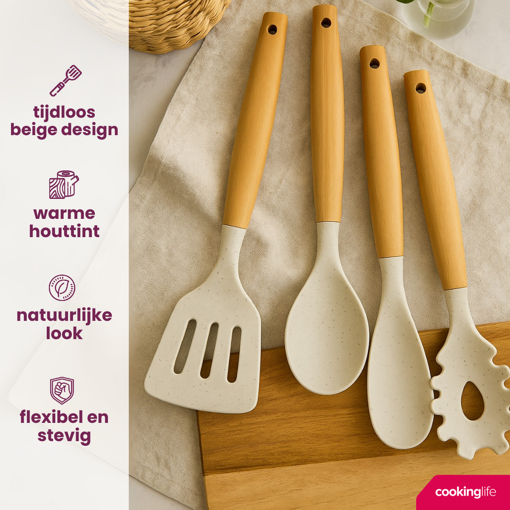 Cookinglife Køkkenredskaber sæt - Kogegrej sæt - træ beige 4 dele - Stegeske, serveringsske, salatske & spaghettiske