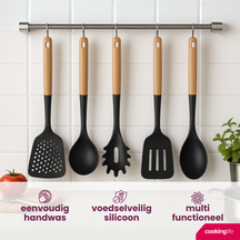 Cookinglife Køkkenredskabs sæt - Kogegrej sæt - træ sort 5 dele - Skumspade, suppeske, spaghettiske, bagepalet & serveringsske