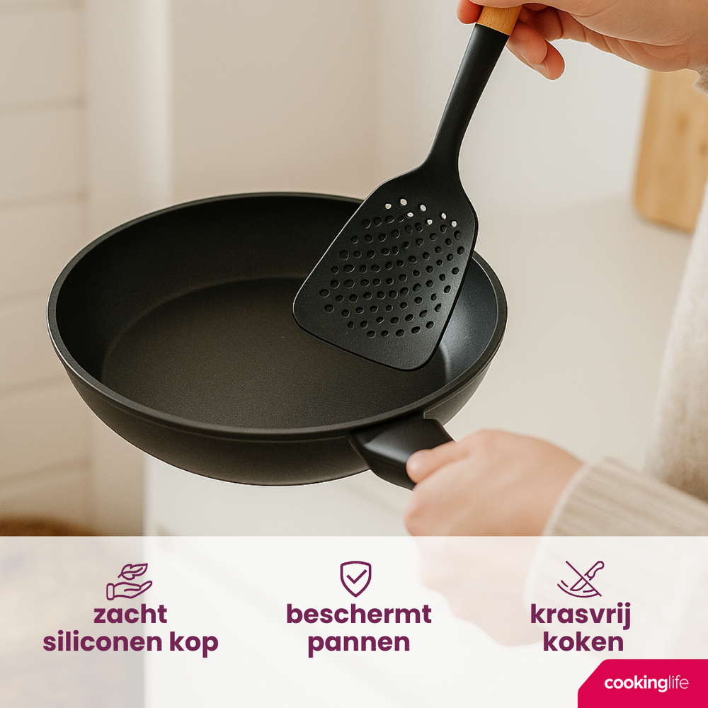 Cookinglife Køkkenredskaber sæt - Kogegrej sæt - træ sort 4 dele - Skumspade, suppeske, bagepade & serveringsske