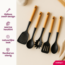 Cookinglife Køkkenredskabs sæt - Kogegrej sæt - træ sort 5 dele - Skumspade, suppeske, spaghettiske, bagepalet & serveringsske