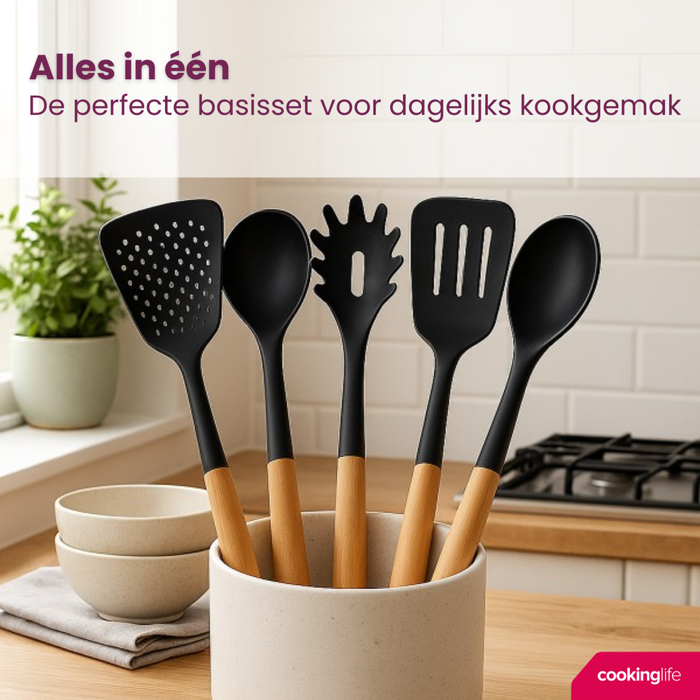 Cookinglife Køkkenredskabs sæt - Kogegrej sæt - træ sort 5 dele - Skumspade, suppeske, spaghettiske, bagepalet & serveringsske