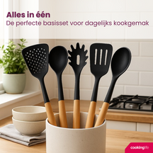 Cookinglife Køkkenredskabs sæt - Kogegrej sæt - træ sort 5 dele - Skumspade, suppeske, spaghettiske, bagepalet & serveringsske