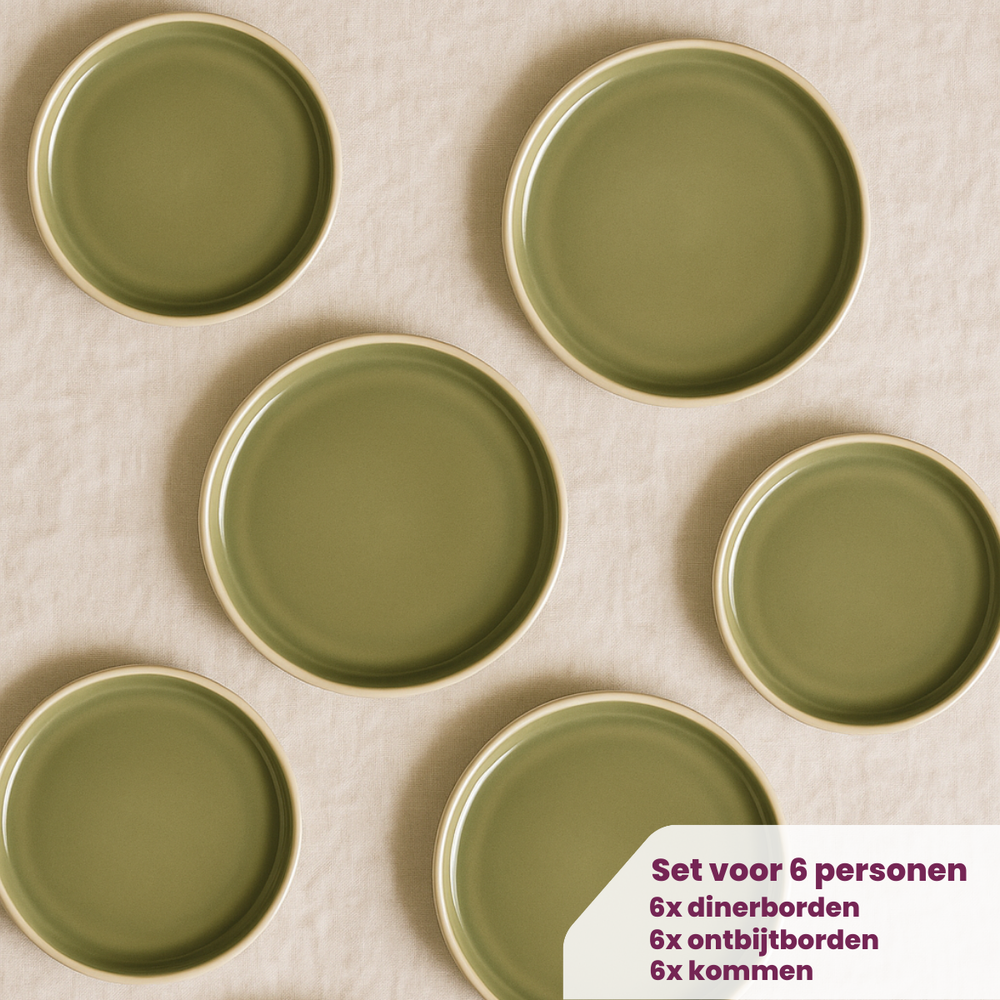 Cookinglife Serviesset Mos Grøn 18-delig / 6 personer - 6 middagstallerkener, 6 morgenmadstallerkener og 6 skåle