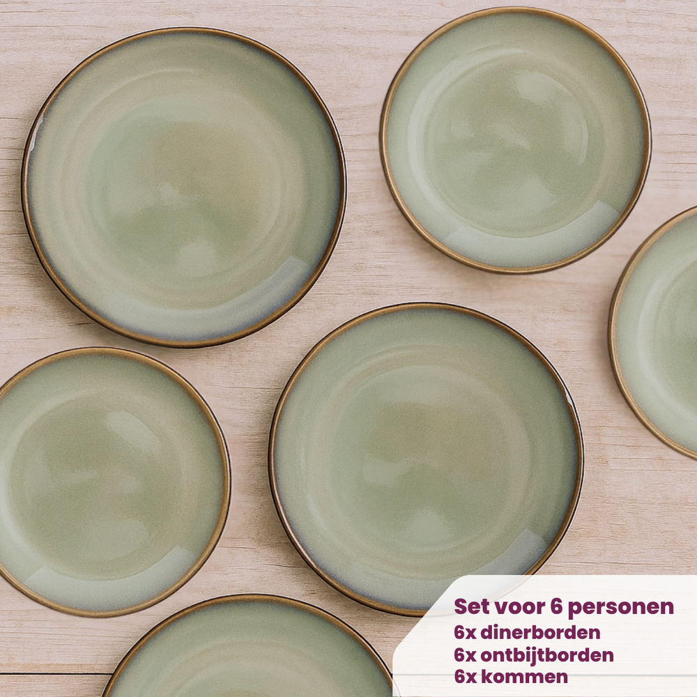 Cookinglife Serviesset Sabi Grøn 18-delig / 6 personer - 6 middagstallerkener, 6 morgenmadstallerkener og 6 skåle