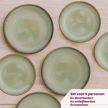 Cookinglife Serviesset Sabi Grøn 18-delig / 6 personer - 6 middagstallerkener, 6 morgenmadstallerkener og 6 skåle