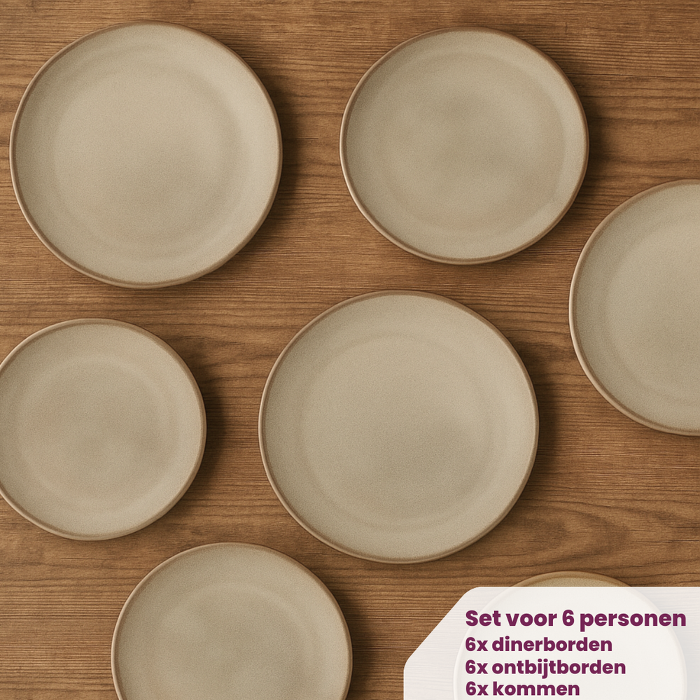 Cookinglife Serviesset Sabi Beige 18-delig / 6 personer - 6 middagstallerkener, 6 morgenmadstallerkener og 6 skåle