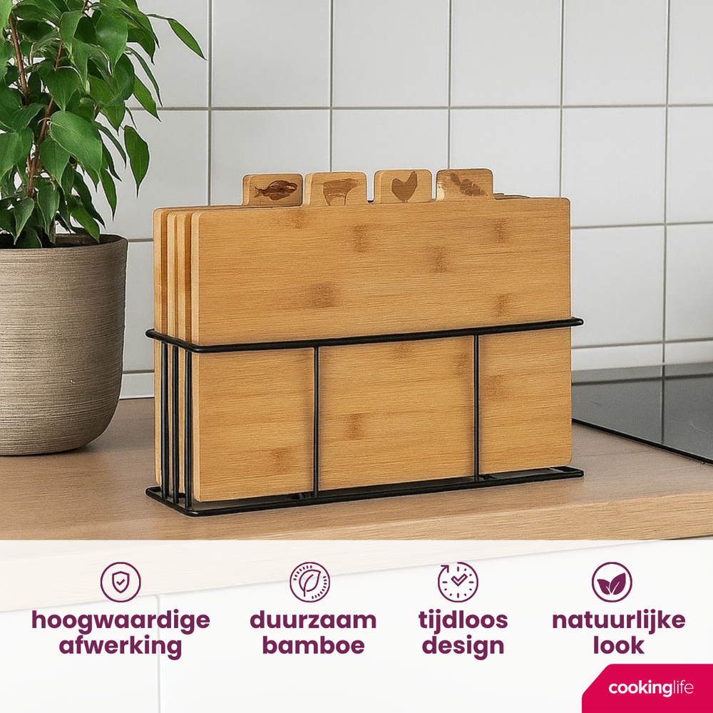 Cookinglife Snijplankenset Bamboe med houder 5-delig
