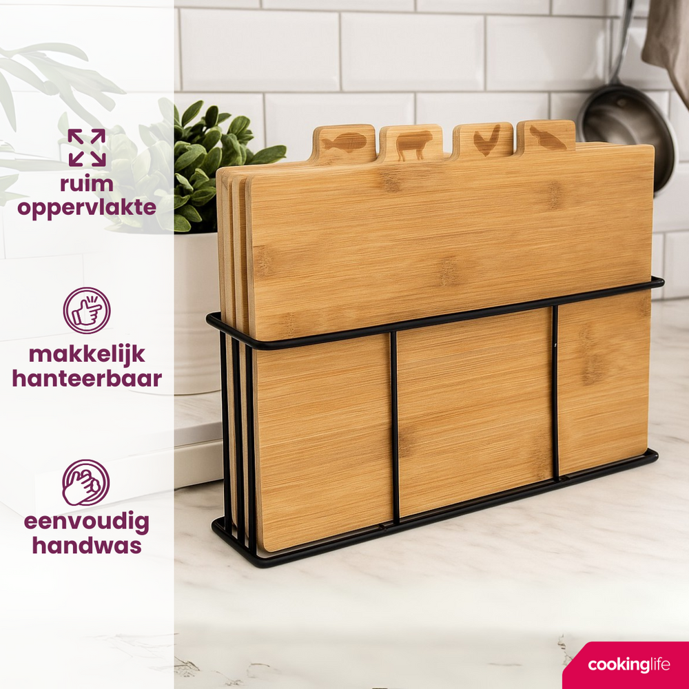 Cookinglife Snijplankenset Bamboe med houder 5-delig