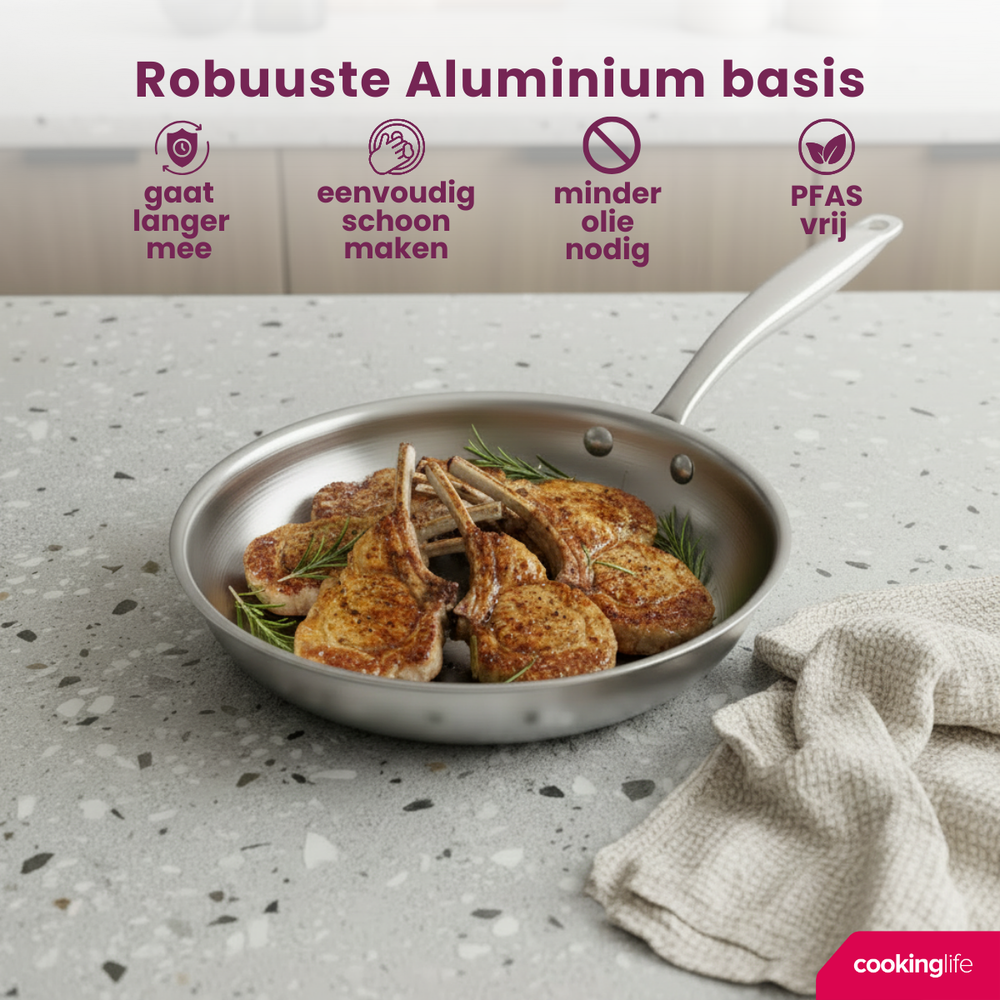 Cookinglife Stegepande Superior Triply RVS ø 24 cm - egnet til alle varmekilder - uden non-stick belægning